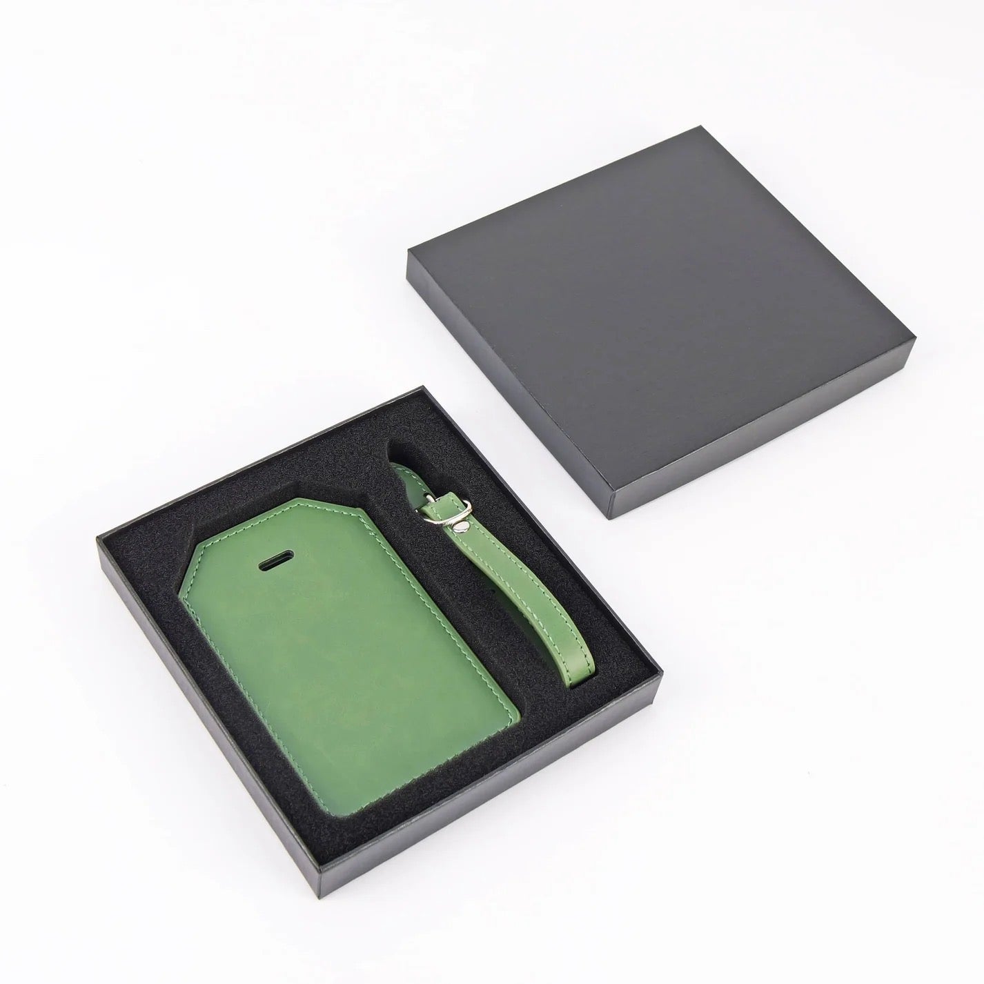 Sage custom engraved Laserette luggage tag with gift box