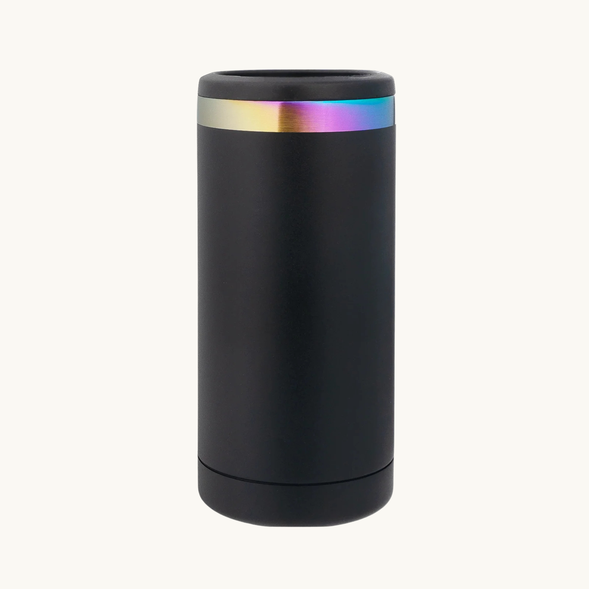 Black-to-rainbow 12 ounce slim can cooler for custom engraving
