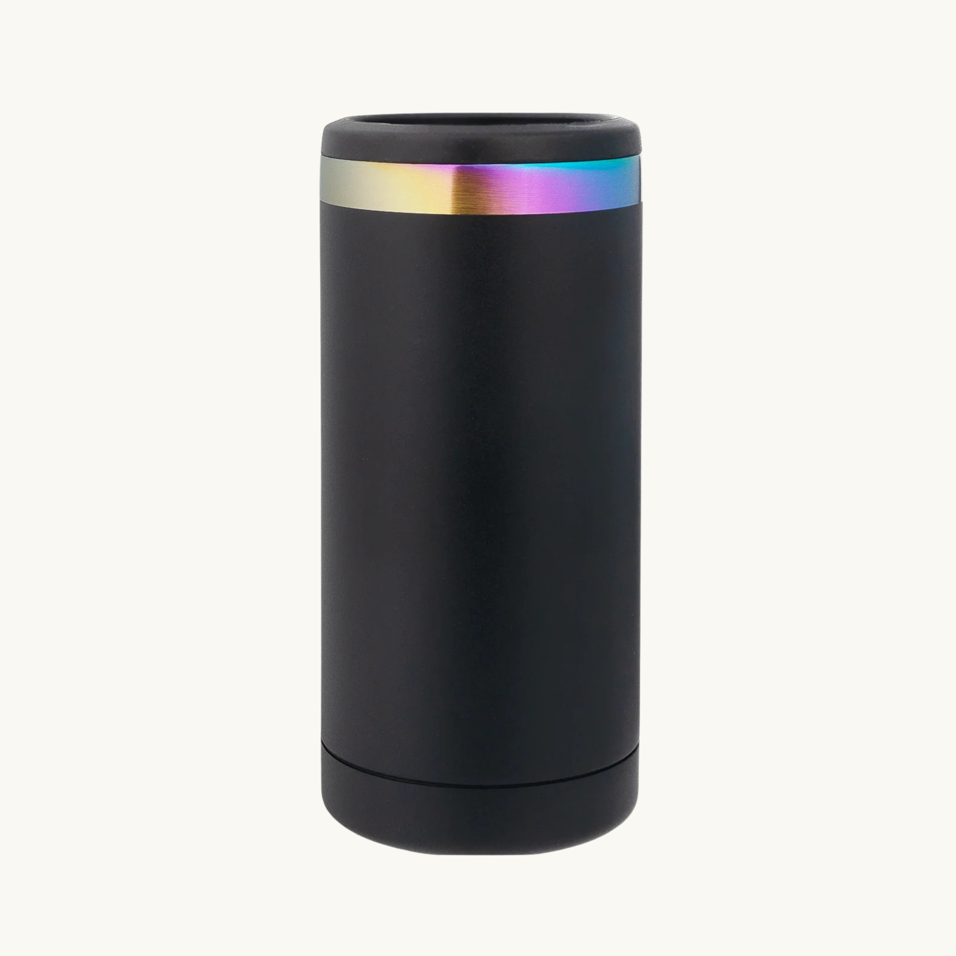 Black-to-rainbow 12 ounce slim can cooler for custom engraving