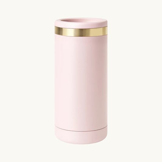 Pink-to-gold 12 ounce slim can cooler for custom engraving