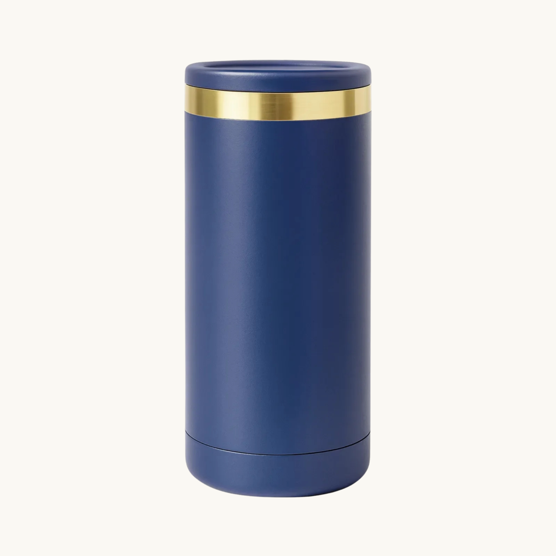 Navy-to-gold 12 ounce slim can cooler for custom engraving