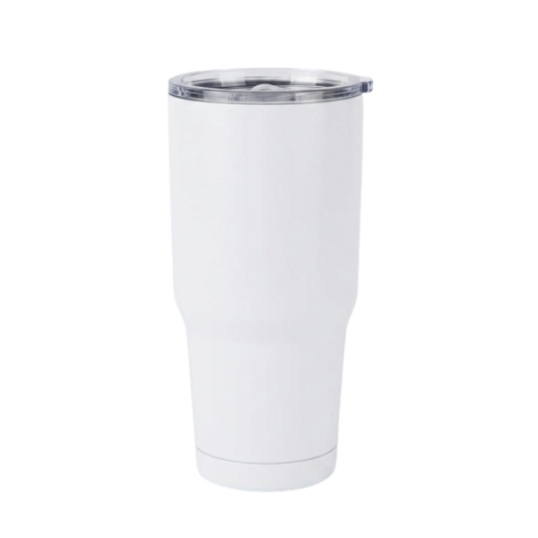 White 30oz custom engraved tumbler with lid and straw