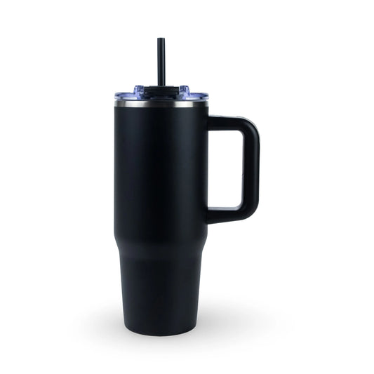 Black custom engraved 30oz stainless steel tumbler with handle