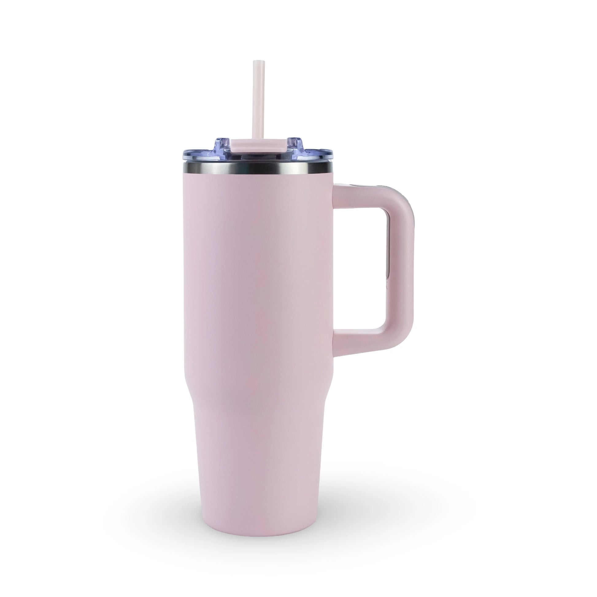 Light pink custom engraved 30oz stainless steel tumbler with handle