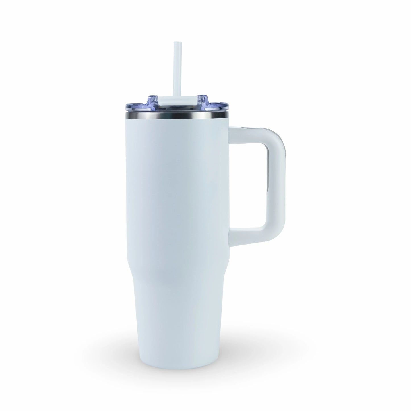White custom engraved 30oz stainless steel tumbler with handle