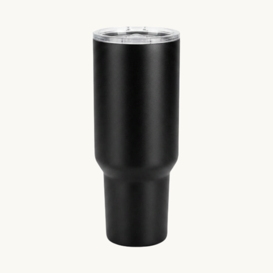 Black 40 ounce tumbler with straw and lid for custom engraving