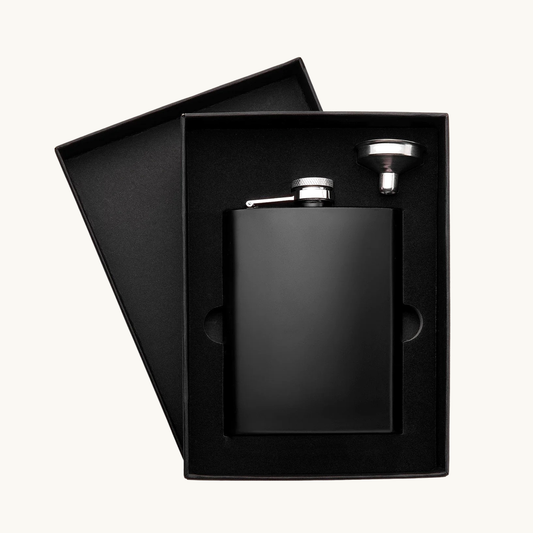 Black 8 ounce flask from a custom engraved flask gift set