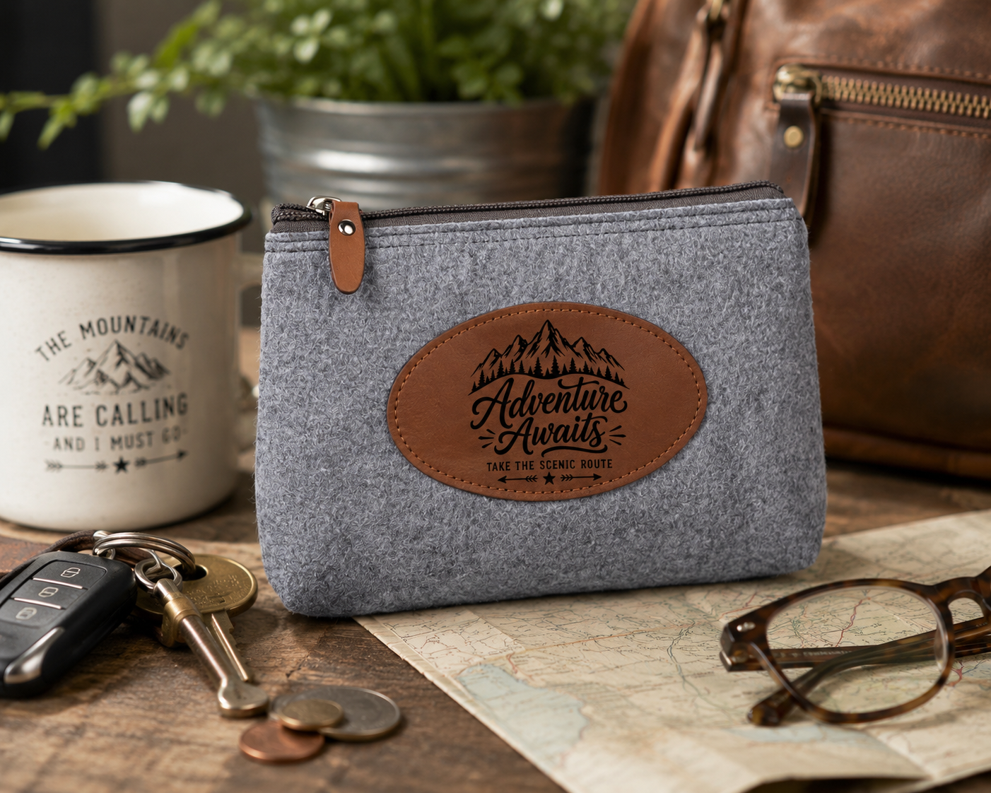 Custom engraved flannel travel pouch product mockup