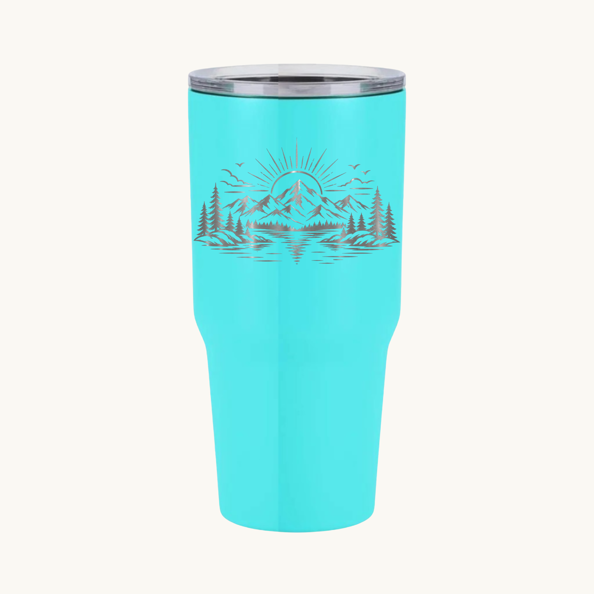 Teal 30 oz custom engraved tumbler with mountain, lake, and pine tree design
