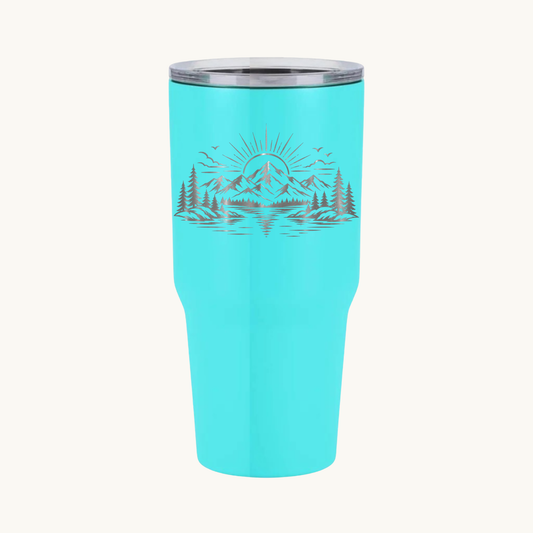 Teal 30 oz custom engraved tumbler with mountain, lake, and pine tree design