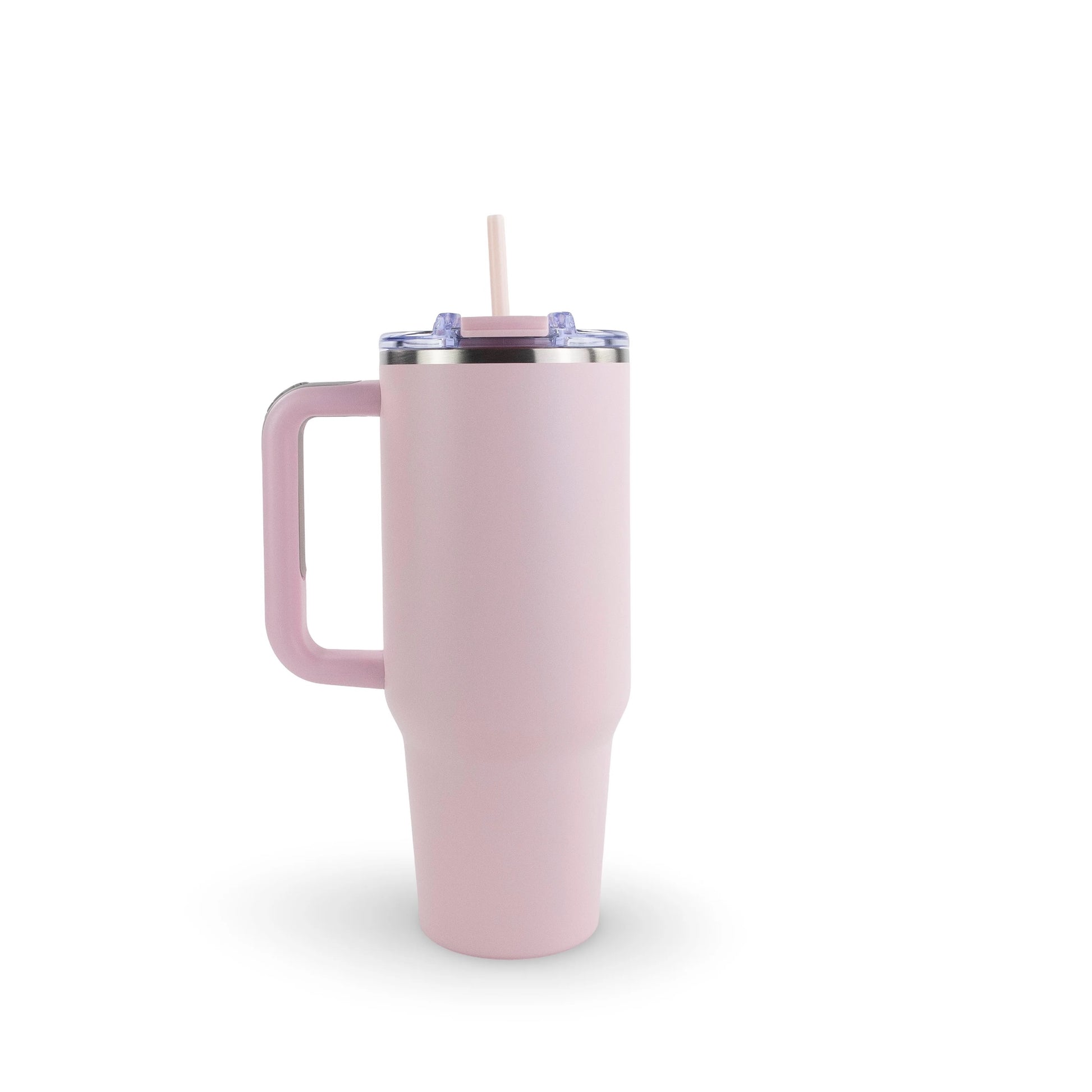 Light pink custom engraved 40oz stainless steel tumbler with handle