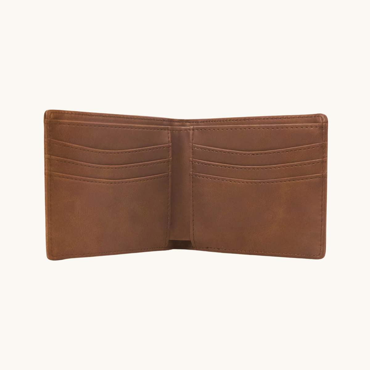 Brown leatherette bifold wallet shown open with interior card slots