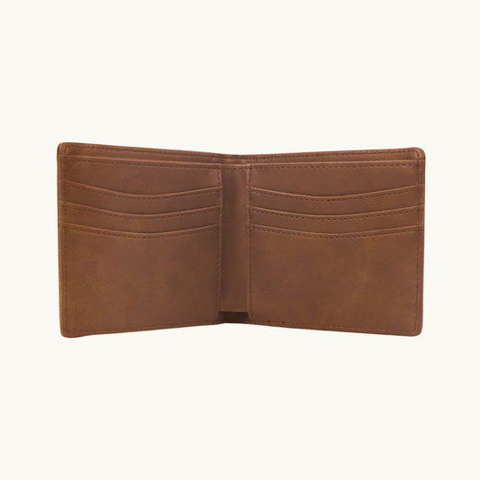 Brown leatherette bifold wallet shown open with interior card slots