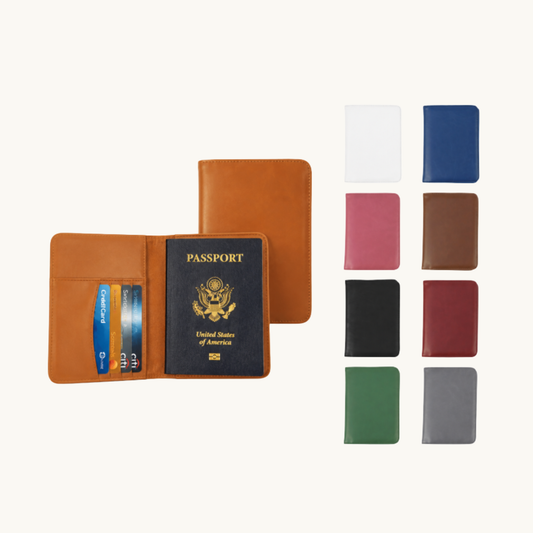 Display of leatherette passport holders in multiple colors