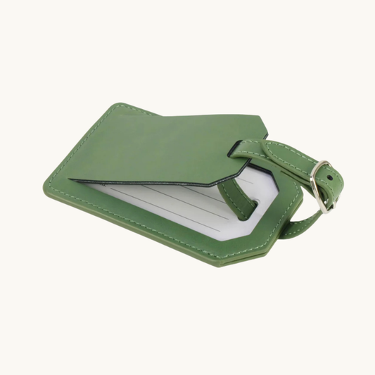 Sage leatherette luggage tag shown open