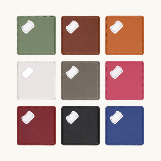Display of magnetic bottle opener coasters in multiple leatherette colors