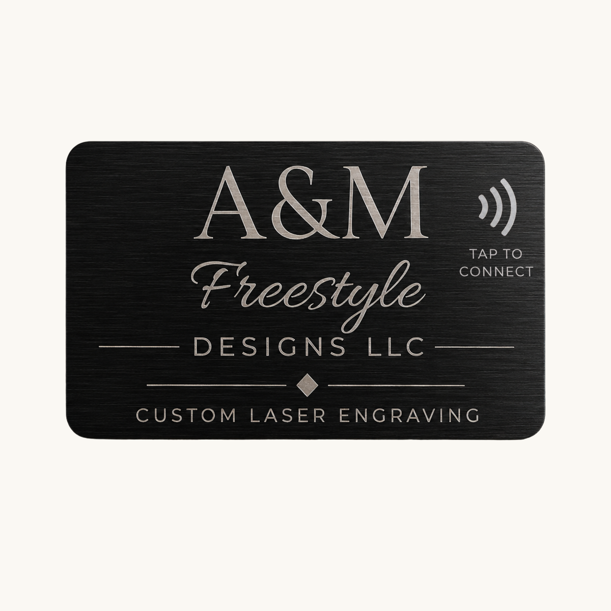Front view of a black stainless steel NFC card with tap-to-connect design