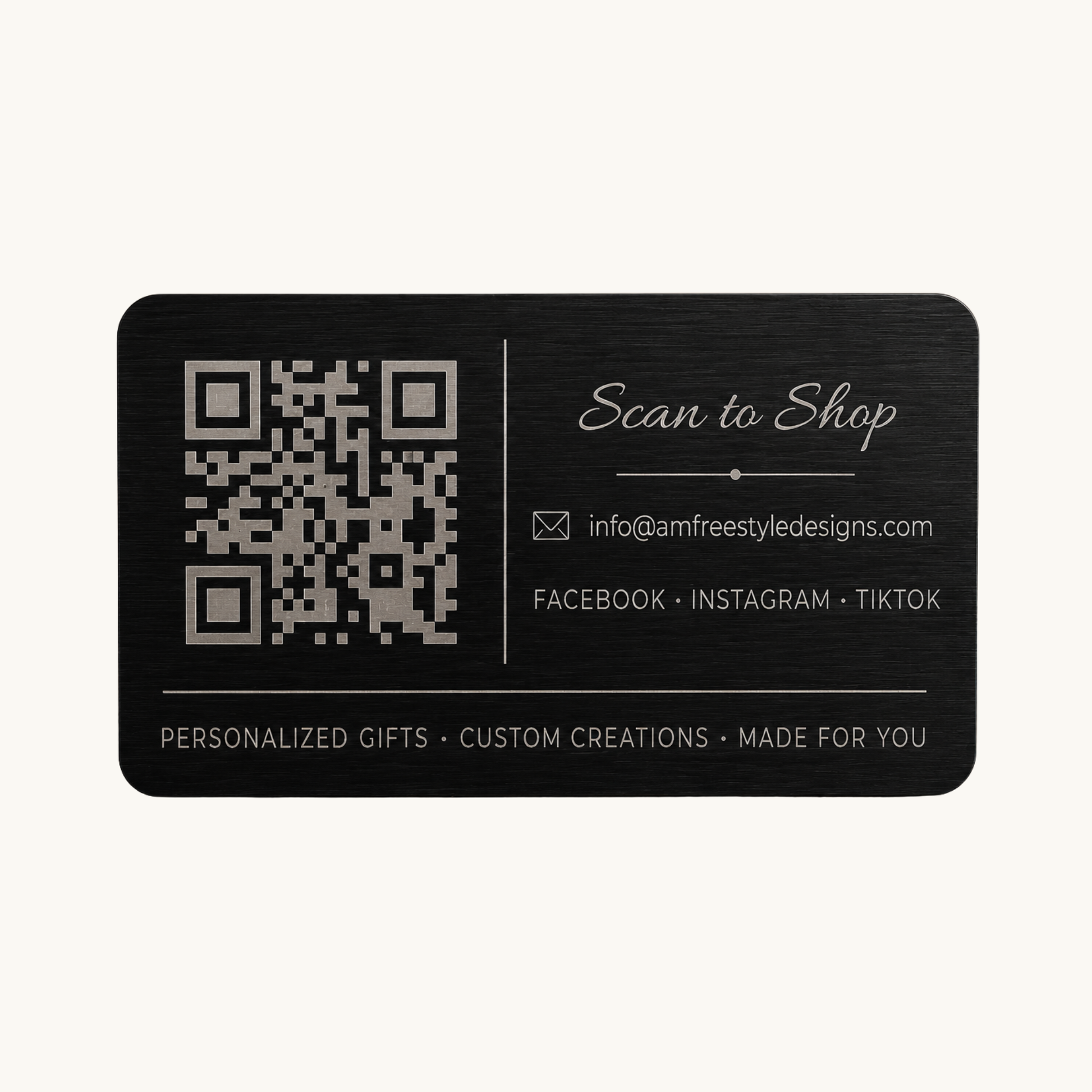Back view of a black stainless steel NFC and QR code card