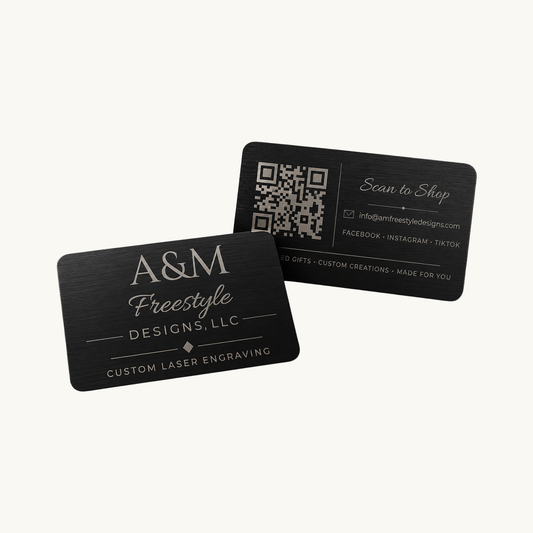Front and back views of a custom engraved aluminum QR code card