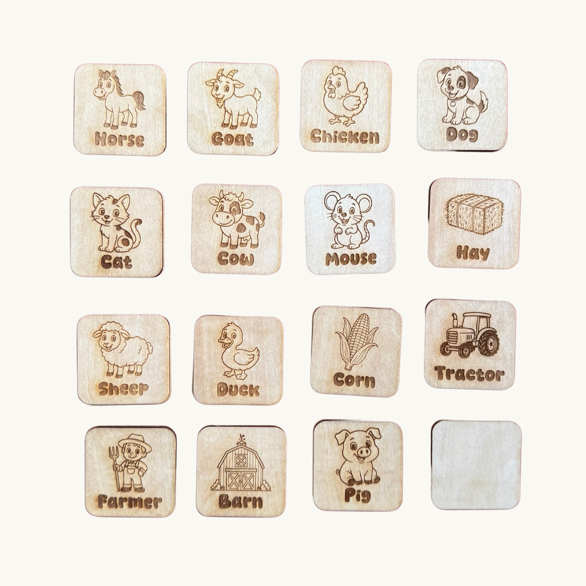 Farm-themed wooden memory matching game with engraved basswood tile pairs