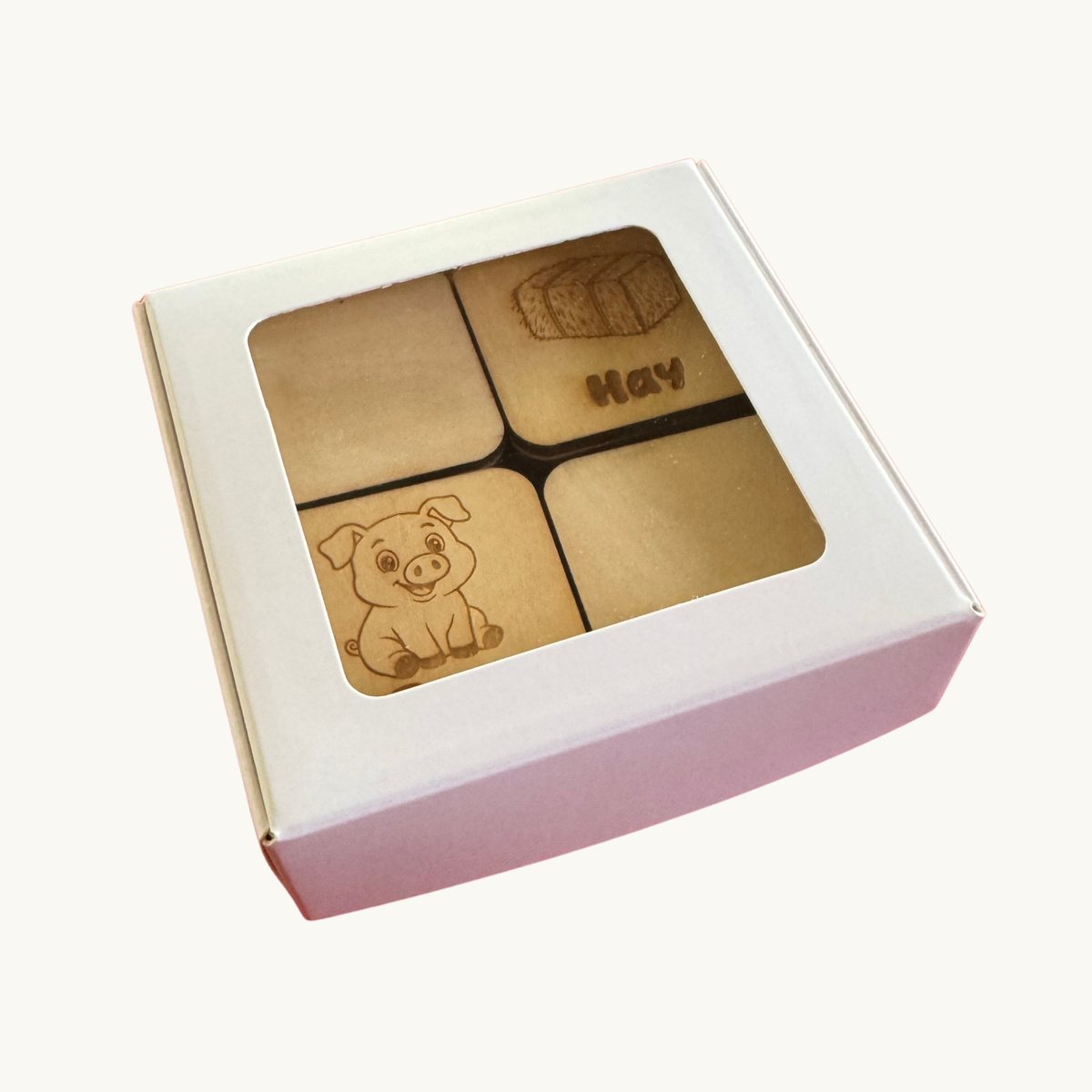 Custom engraved wooden memory matching game with 32 basswood tiles