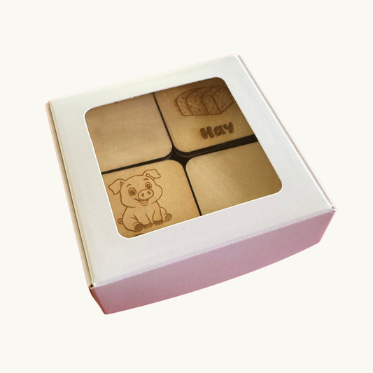 Custom engraved wooden memory matching game with 32 basswood tiles