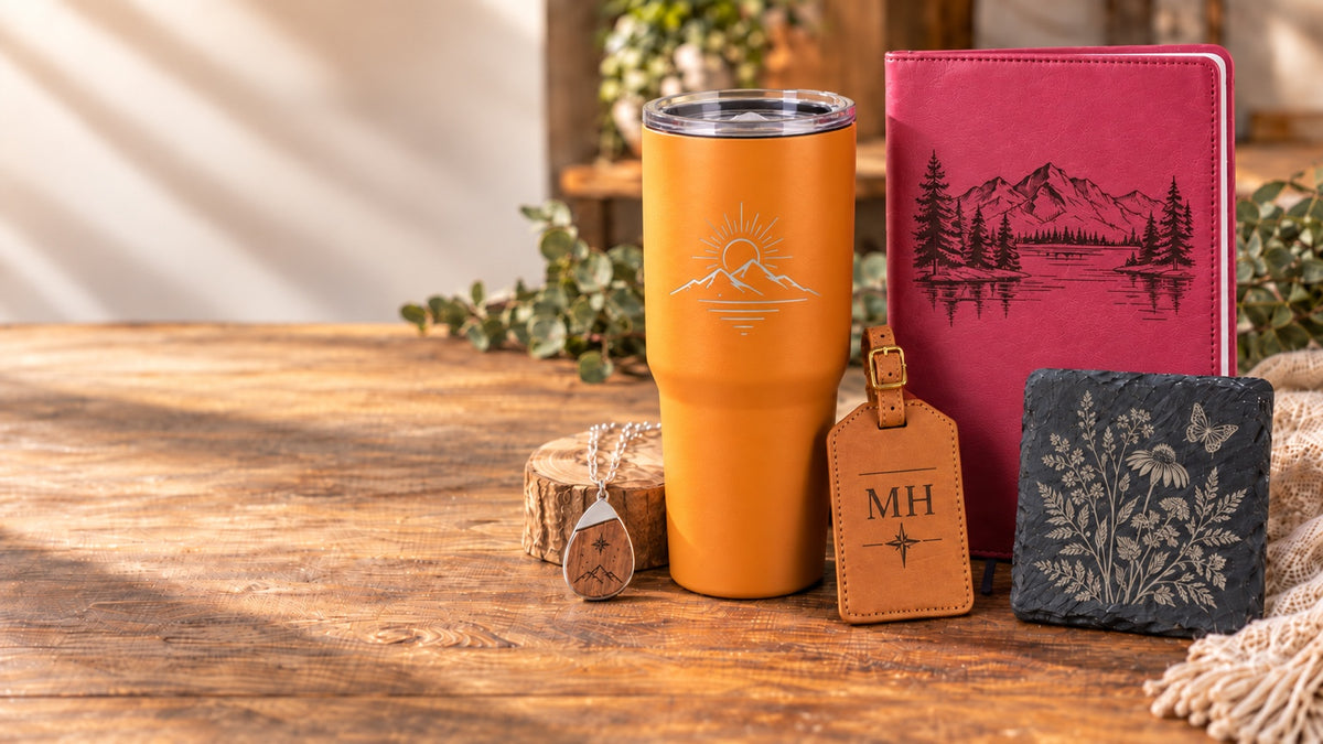 A&M Freestyle Designs personalized engraved tumbler, journal, luggage tag, wood pendant necklace, and slate on a warm wood tabletop