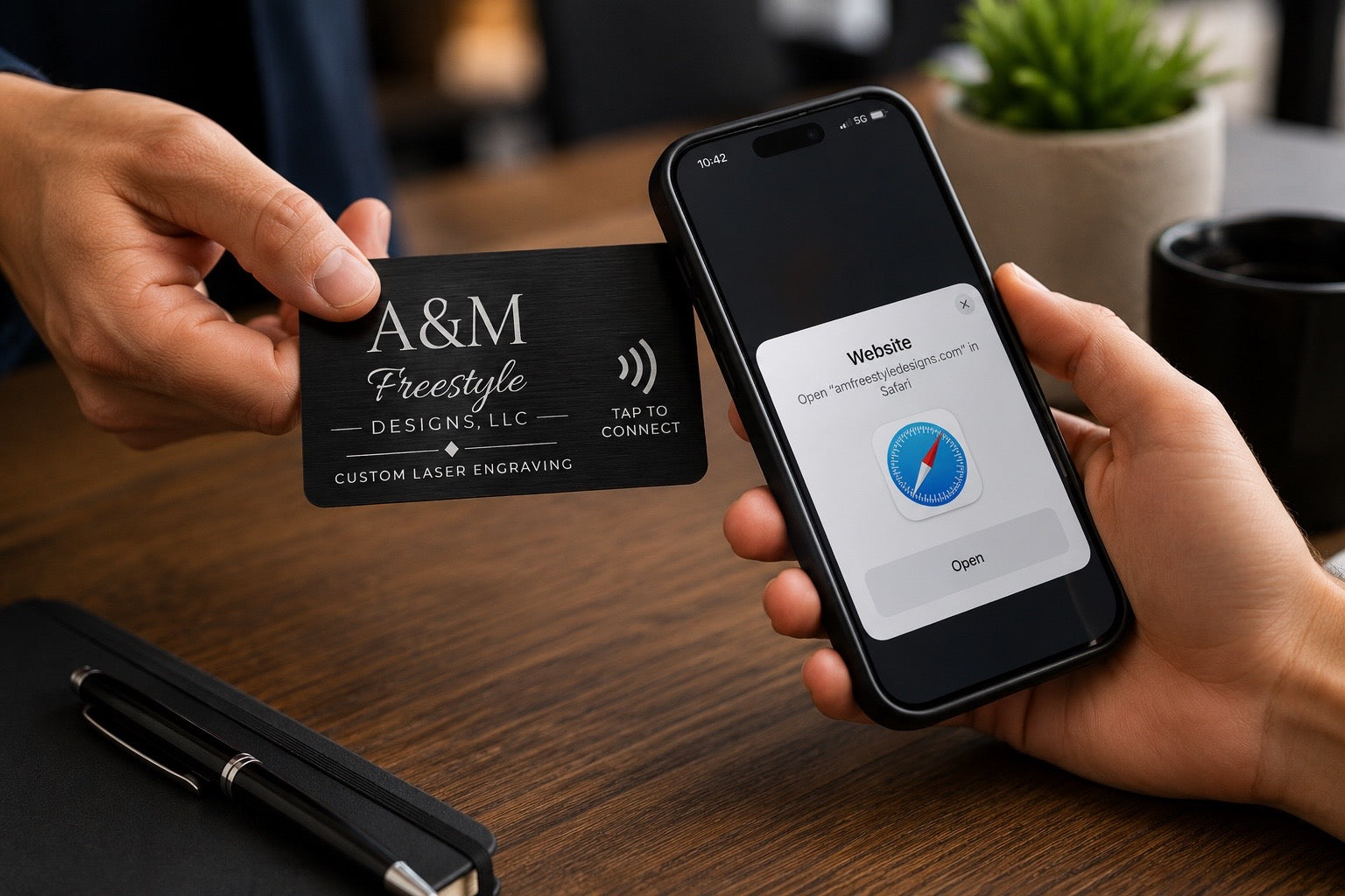 Lifestyle photo of custom engraved black stainless steel NFC card being tapped with a smartphone
