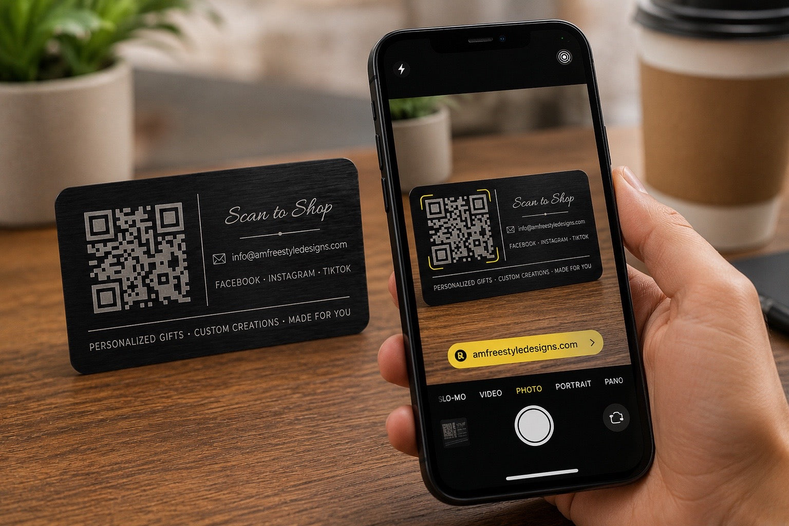 Lifestyle photo showing smartphone scanning a custom engraved black stainless steel QR code card