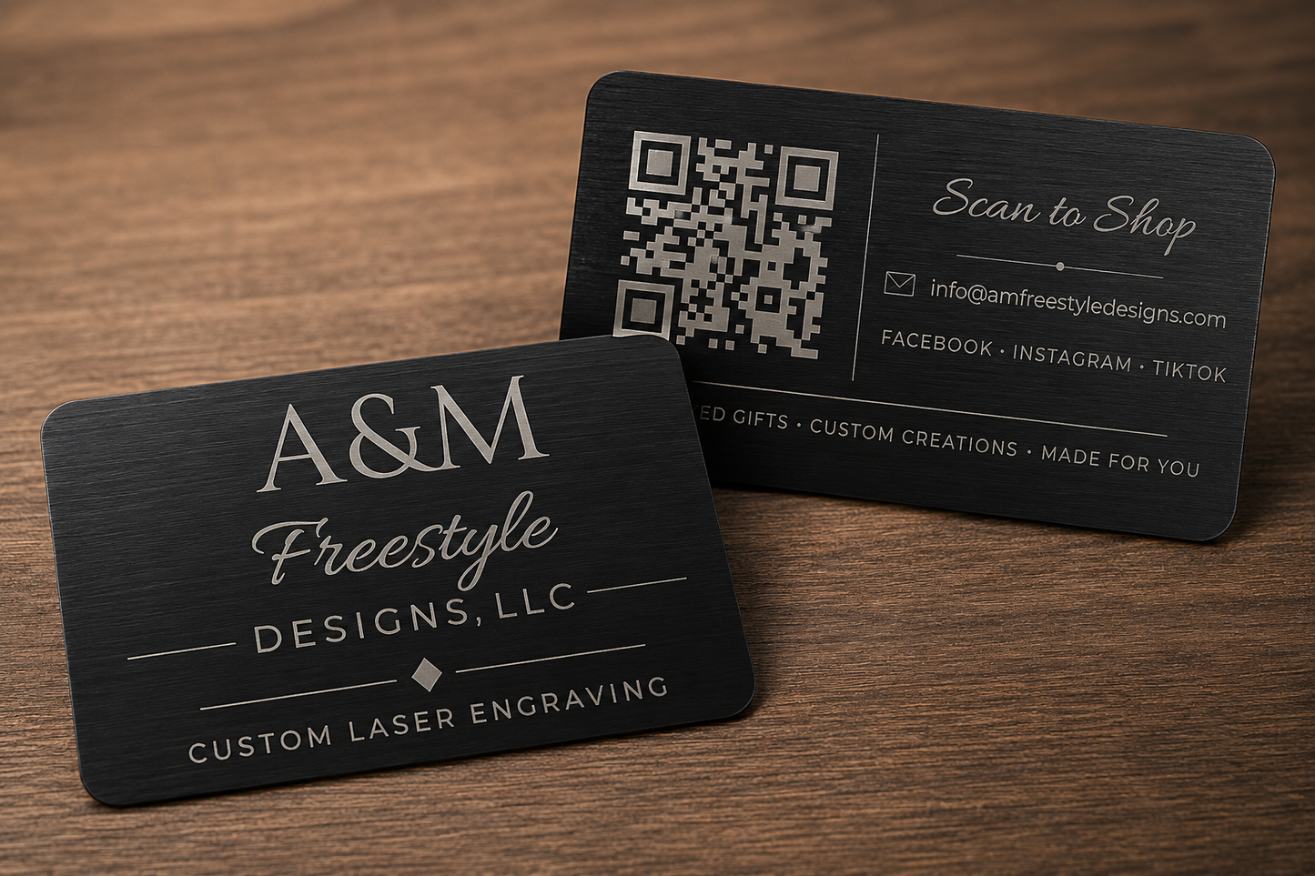 Custom engraved aluminum QR code card mockup with front and back design