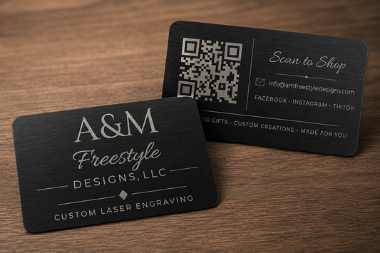 Custom engraved aluminum QR code card mockup with front and back design