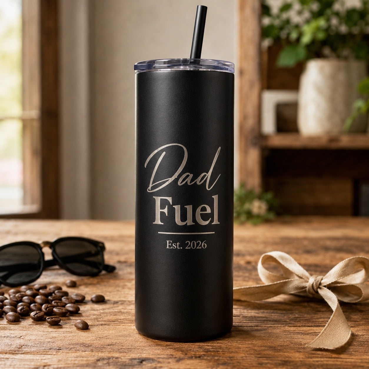 Dad Fuel engraved black 20oz skinny insulated cup with lid and straw