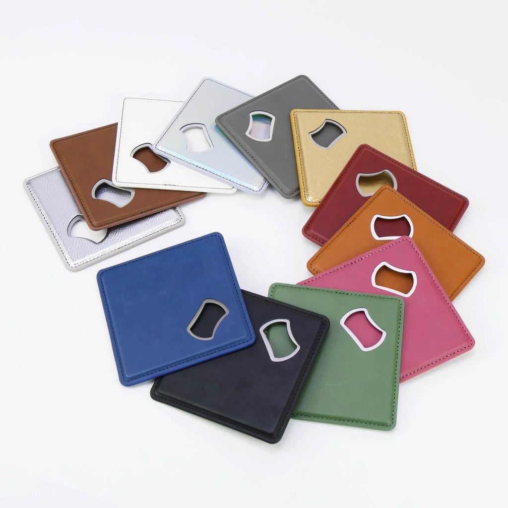 Engravable magnetic leatherette bottle opener