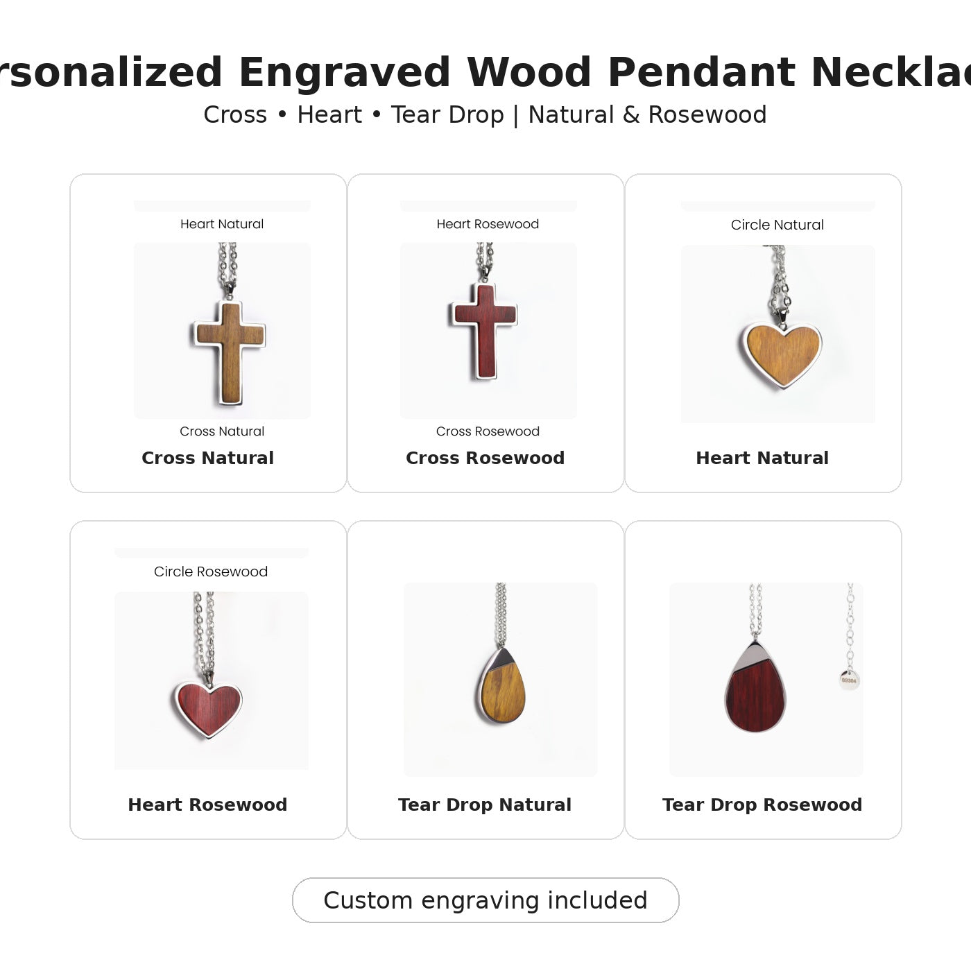 Personalized engraved wood pendant necklaces in cross heart and tear drop shapes