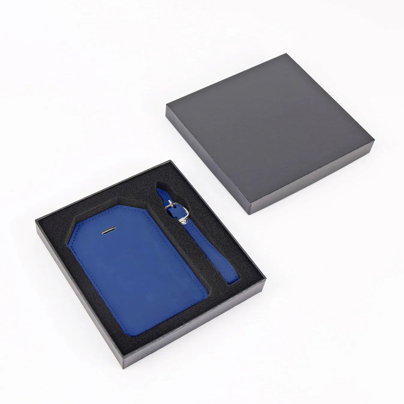 Blue custom engraved Laserette luggage tag with gift box