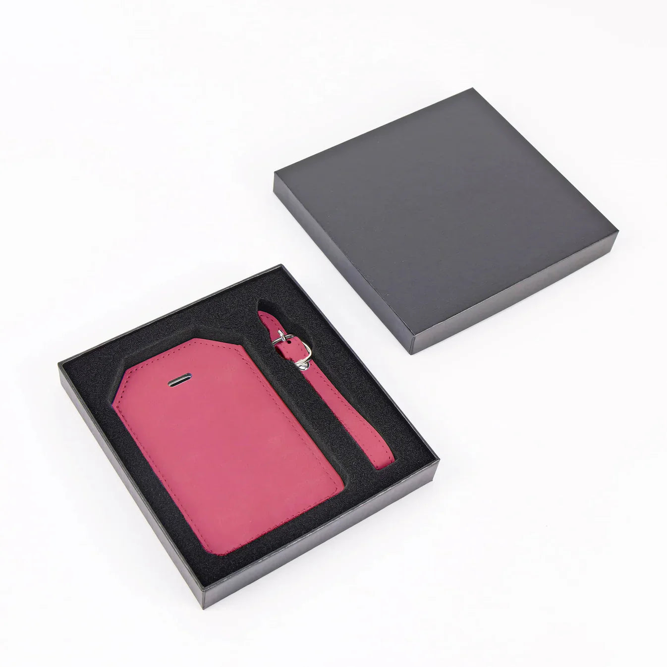 Pink custom engraved Laserette luggage tag with gift box