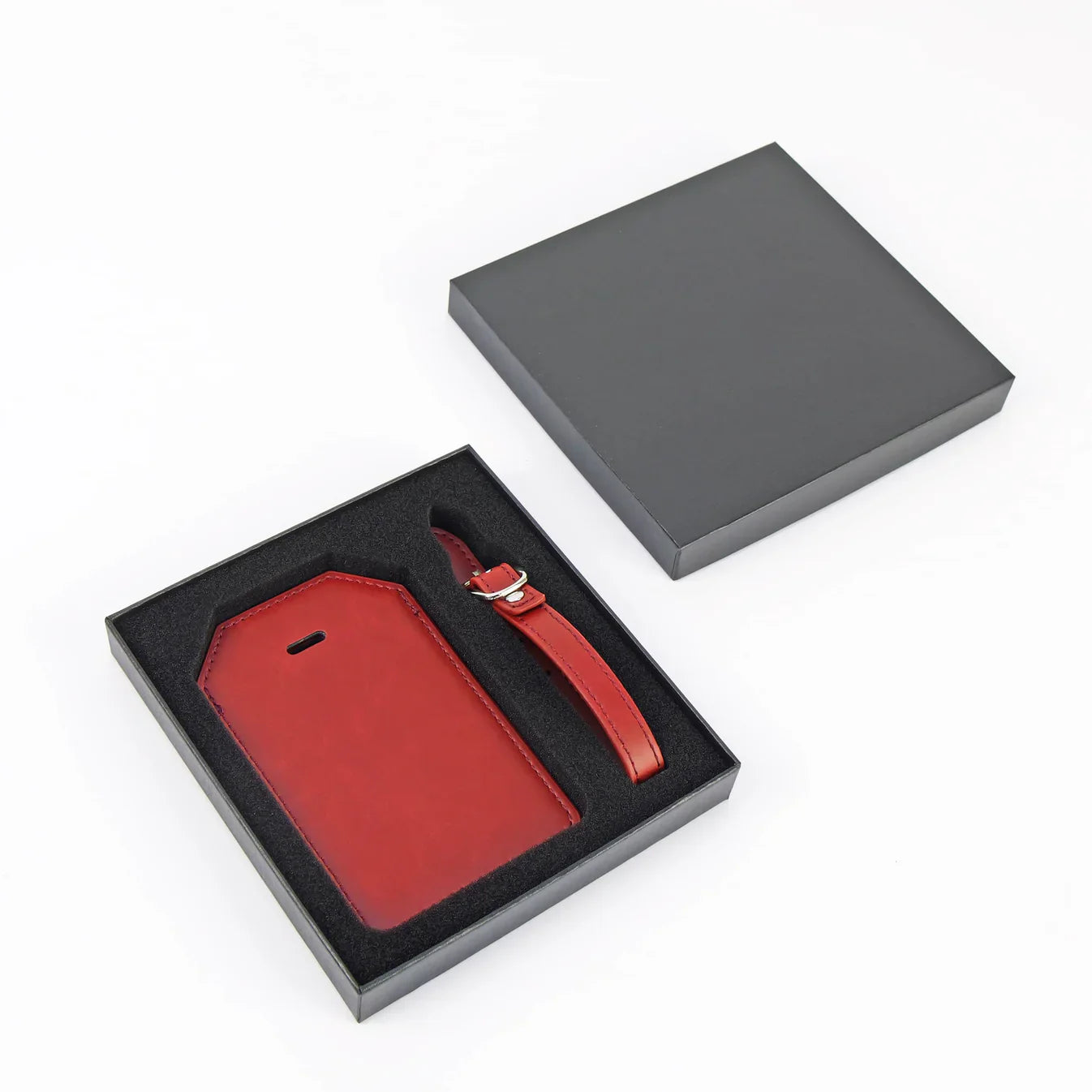 Red custom engraved Laserette luggage tag with gift box