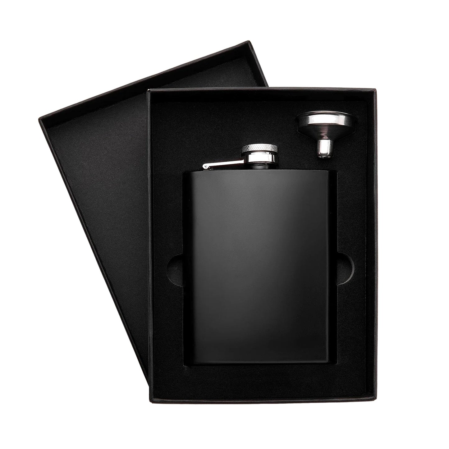 Custom engraved black flask gift set with funnel and gift box