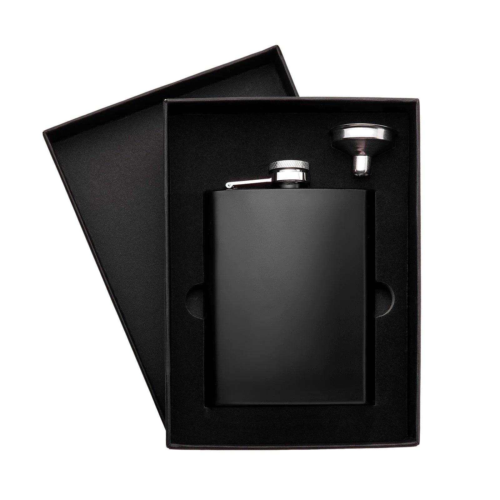 Matte black personalized flask gift set with funnel in gift box