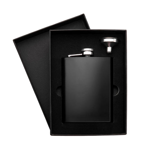 Matte black personalized flask gift set with funnel in gift box