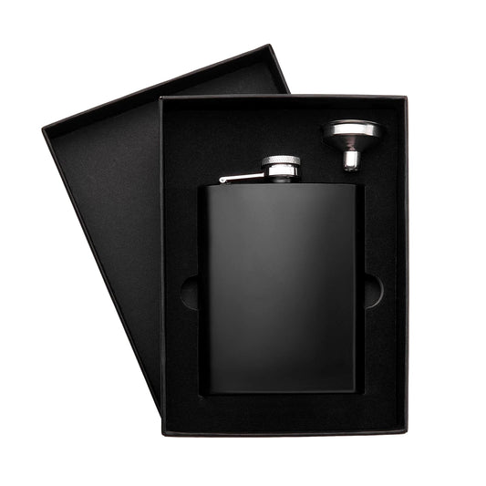 Custom engraved black flask gift set with funnel and gift box