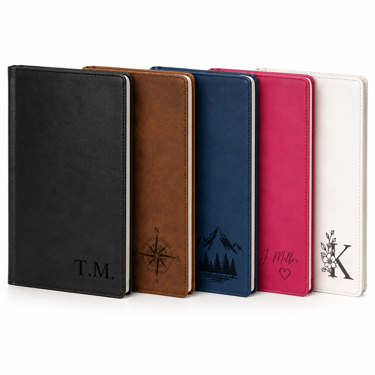 Personalized engravable Laserette notebook journals in multiple colors with sample engravings